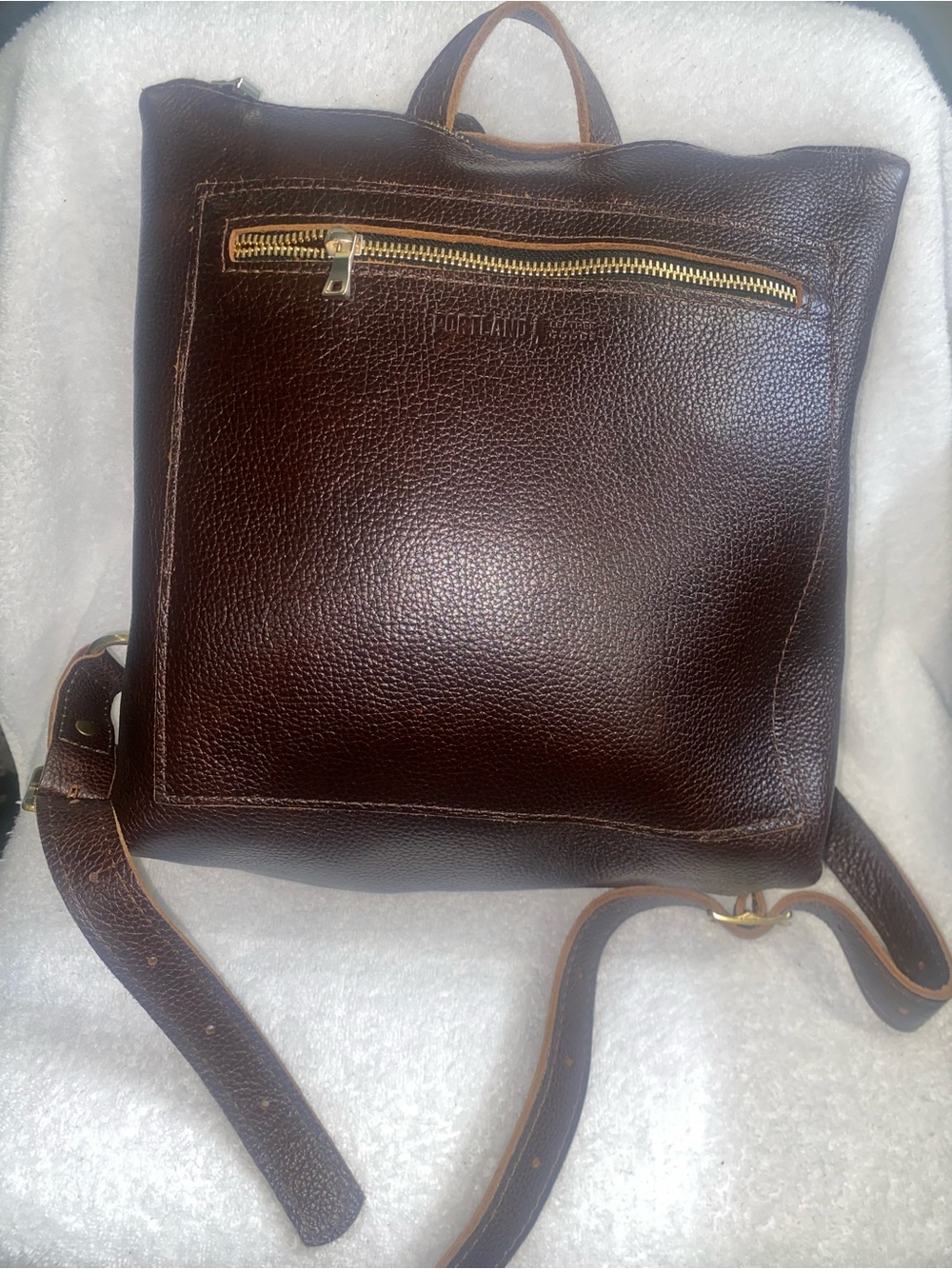 Compact Dark Brown Leather Women's Backpack with Front Zip Pocket